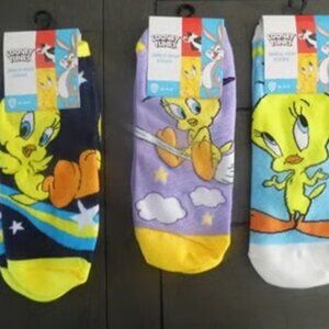 Looney Tunes Tweety Ankle High Socks, 3 Pairs Size 9-11